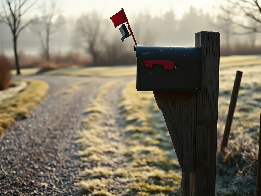 A black rural mailbox on a weathered post at the end of a gravel driveway, its red flag raised, frost on the grass