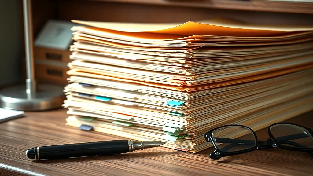A tall stack of paper files with coloured index tabs on a wooden desk, a pen and a pair of reading glasses beside it, lit from one side