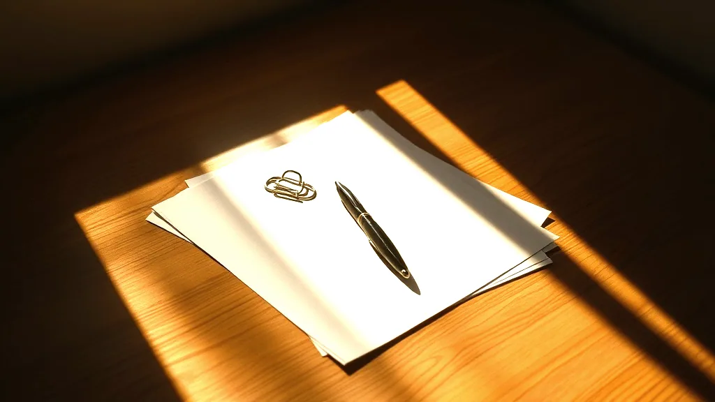 Loose sheets of paper, a pen and a paper clip on a wooden table in a bar of late afternoon light