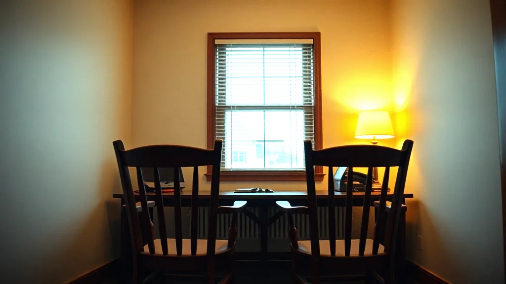 Two wooden chairs pulled up to a small desk in a one room office, a lamp lit in the corner and blinds half drawn over the window