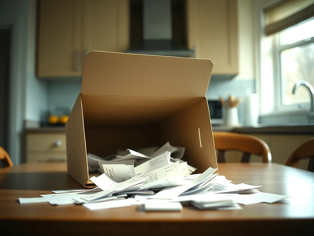 A cardboard box tipped open on a kitchen table with paper receipts and slips spilling across the wood