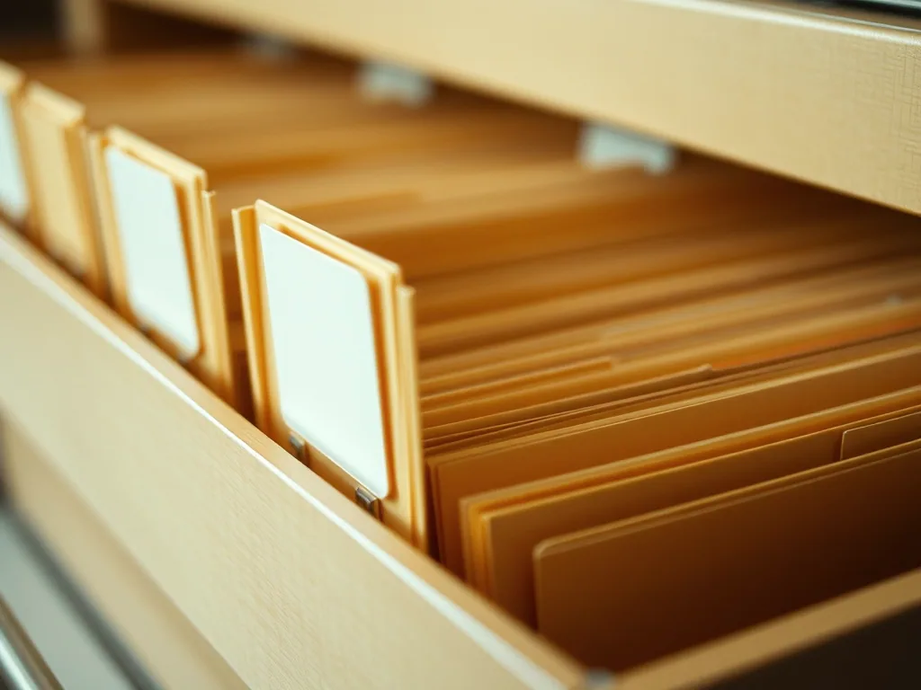 Close view of manila folders standing in an open filing drawer, their index tabs staggered and blank